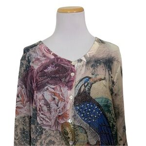 Schiffhauer Munich Cardigan Sweater Floral Semi Sheer Jeweled Womens L Art